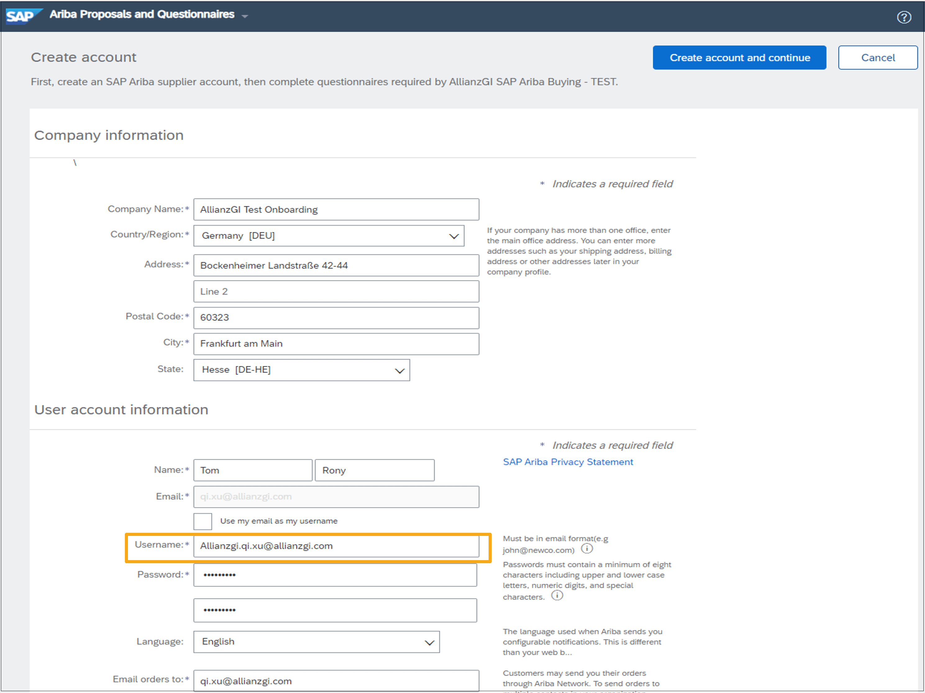 form with basic information and unique username